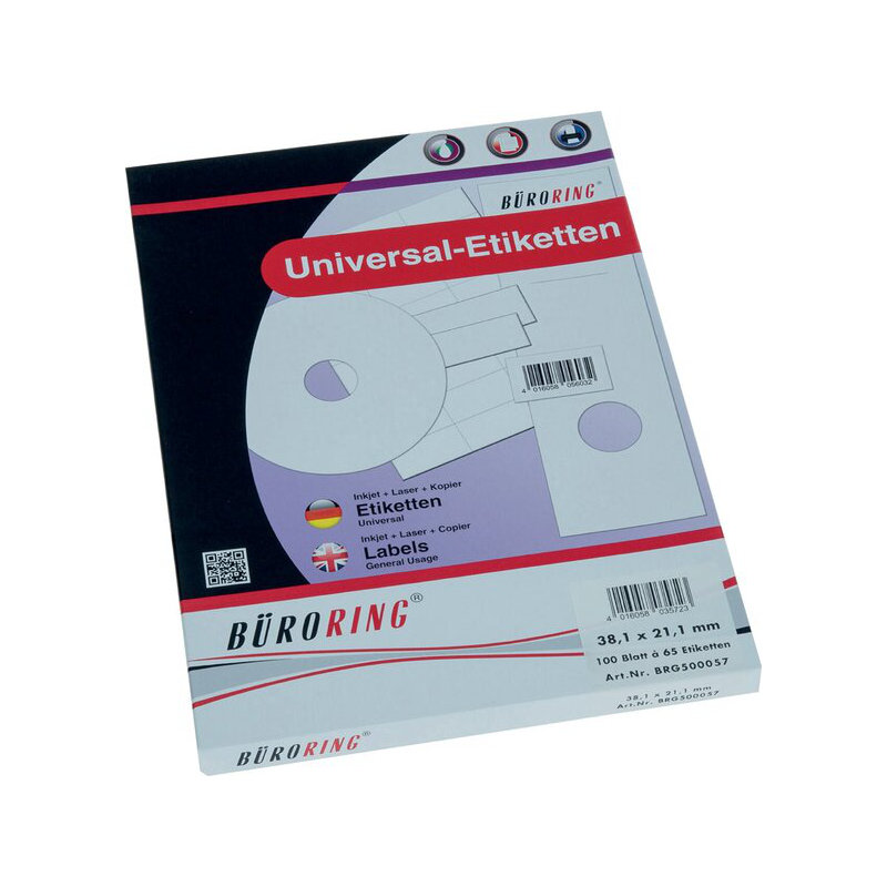 6.500 Etiketten, 38 x 21,1 mm, weiß, für Inkjet-, Laserdrucker, Kopierer, 100 Blatt