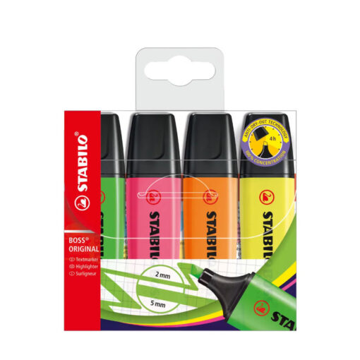 Textmarker Stabilo Boss Original 2-5mm nachfüllbar VE = 1 Etui a` 4 Stifte gelb, grün, orange, rosa
